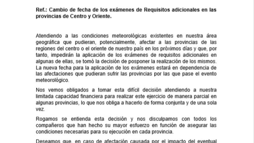 Cambio de fecha de los exámenes de Requisitos adicionales en las provincias de Centro y Oriente.