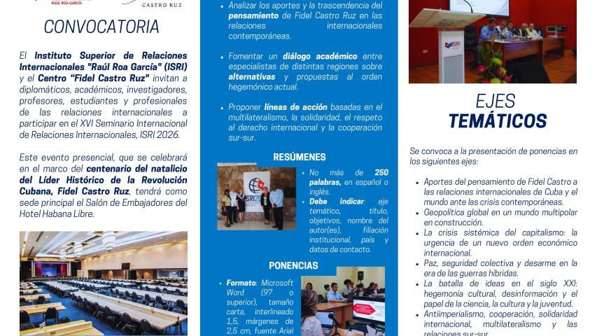 Convocatoria al Evento presencial  XVI Seminario Internacional de Relaciones Internacionales, ISRI 2026.