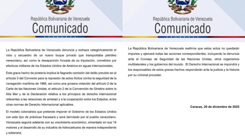 Condena  nuevo acto de piratería y terrorismo marítimo de fuerzas de EEUU contra un buque petrolero y su tripulación en aguas internacionales del Mar Caribe, que reitera la conducta de total irrespeto y violación del Derecho Internacional